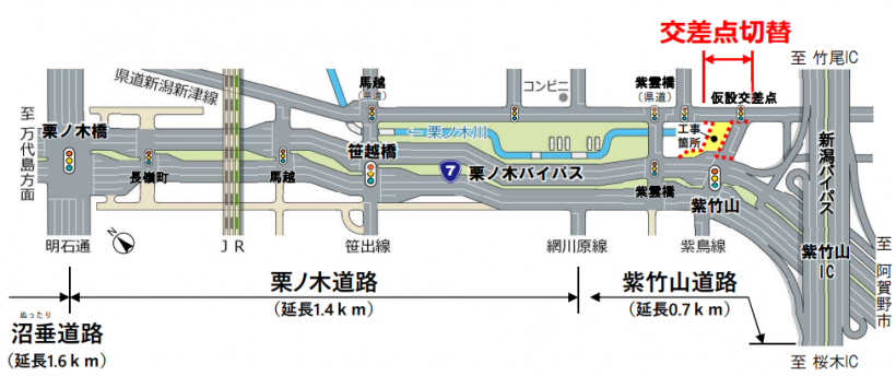 国道７号栗の木バイパス紫竹山交差点の位置が変更に | 新潟県内のニュース