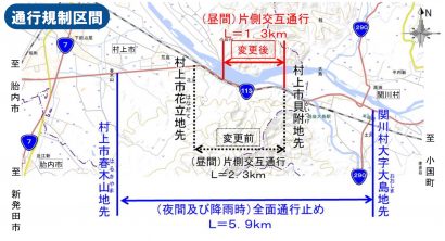 新潟県北部の豪雨災害により通行規制していた国道１１３号線の一部区間で、９月１日より規制区間を短縮