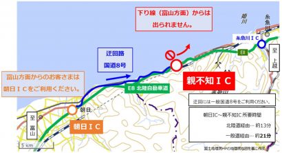 北陸自動車道親不知IC（新潟県糸魚川市）下り線出口が工事により夜間閉鎖