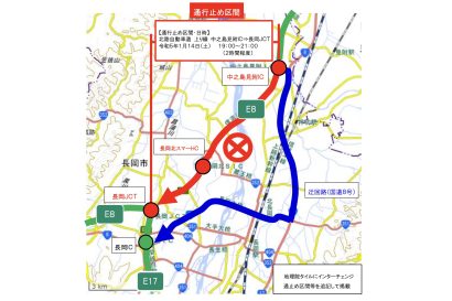 北陸自動車道（上り線）中之島見附ICー長岡JCT間が１４日夜に通行止め、事故実況見分により