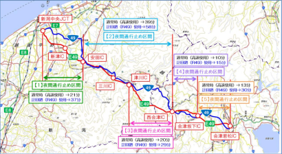 磐越自動車道「新潟中央JCT」から「会津若松IC」が工事に伴い5月15日から７月31日まで順次夜間通行止め